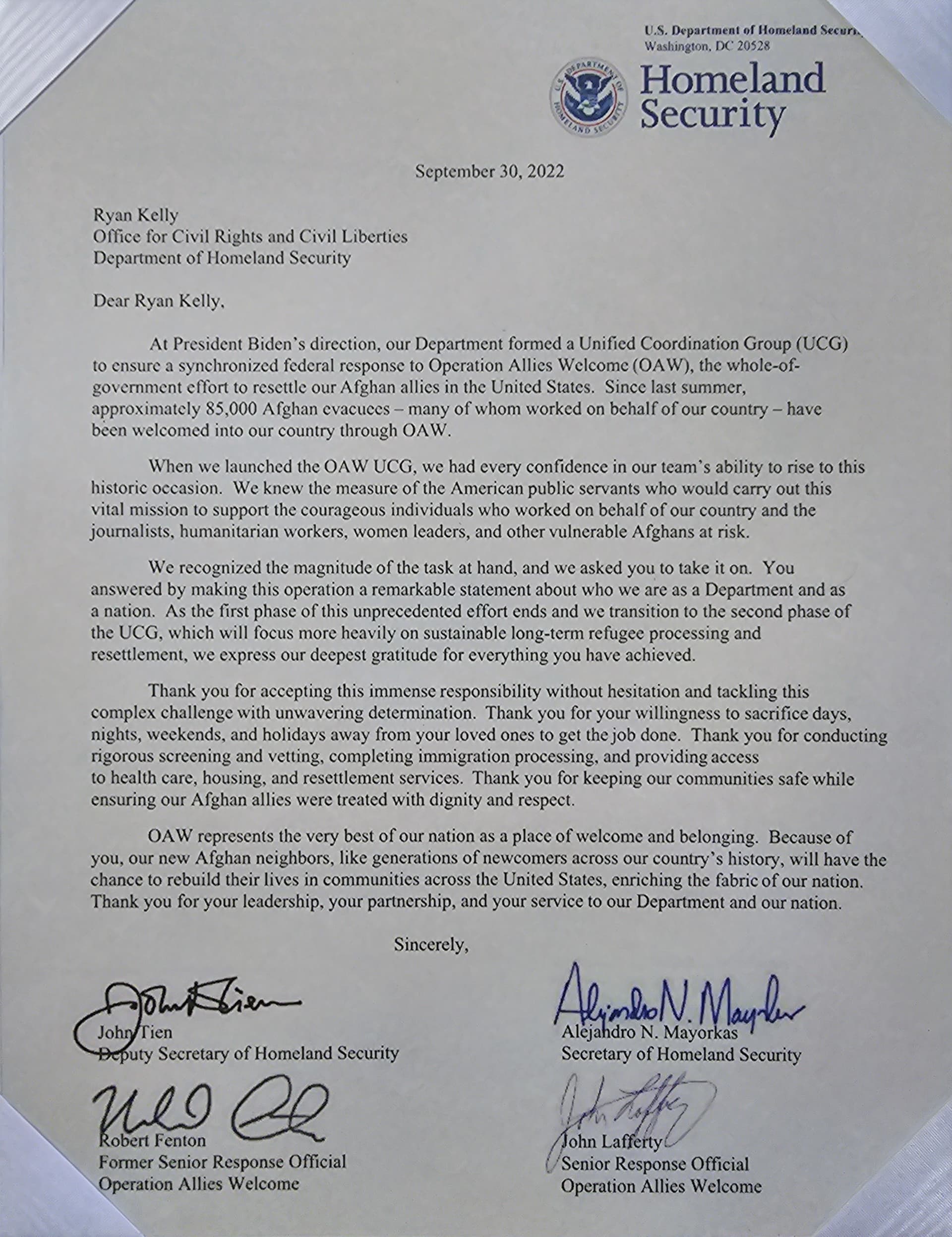 DHS Secretary's Commendation related to Operation Allies Welcome.